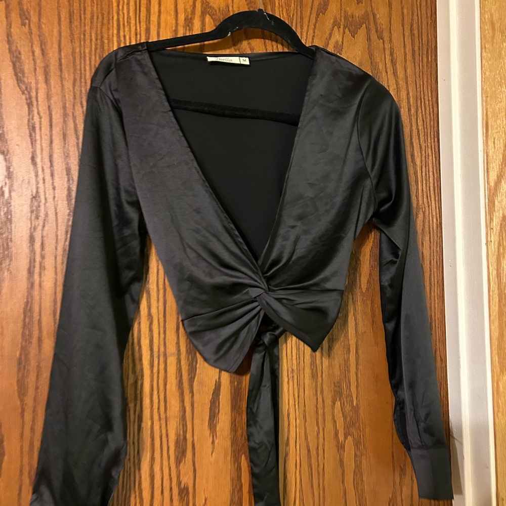 Elegant Black Satin Wrap Top